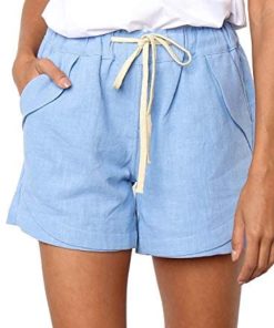 BLENCOT Women's Drawstring Elastic Waist Casual Solid Comfy Cotton Linen Beach Shorts