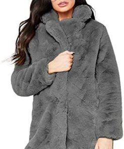 JOFOW Womens Solid Lapel Fleece Jackets,New Warm Pocket Cardigans Fuzzy Basic Classic Parka Winter Padded Coat
