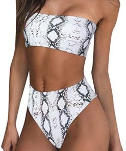 RUUHEE Women High Cut Bandeau Tropical Leaf Printed Strapless Swimsuits Bikini Set