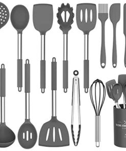 Umite Chef Kitchen Utensils Set, 15 pcs Silicone Cooking Kitchen Utensils Set, Heat Resistant Non-stick BPA-Free Silicone Stainless Steel Handle Turner Spatula Spoon Tongs Whisk Cookware (Grey)