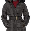 VIA SPIGA Women's Three Quarter Belted Puffer Jacket with Faux Fur Trimmed Hood