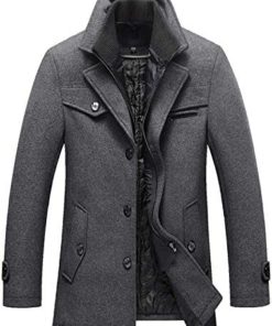 chouyatou Men's Gentle Layered Collar Single Breasted Quilted Lined Wool Blend Pea Coats